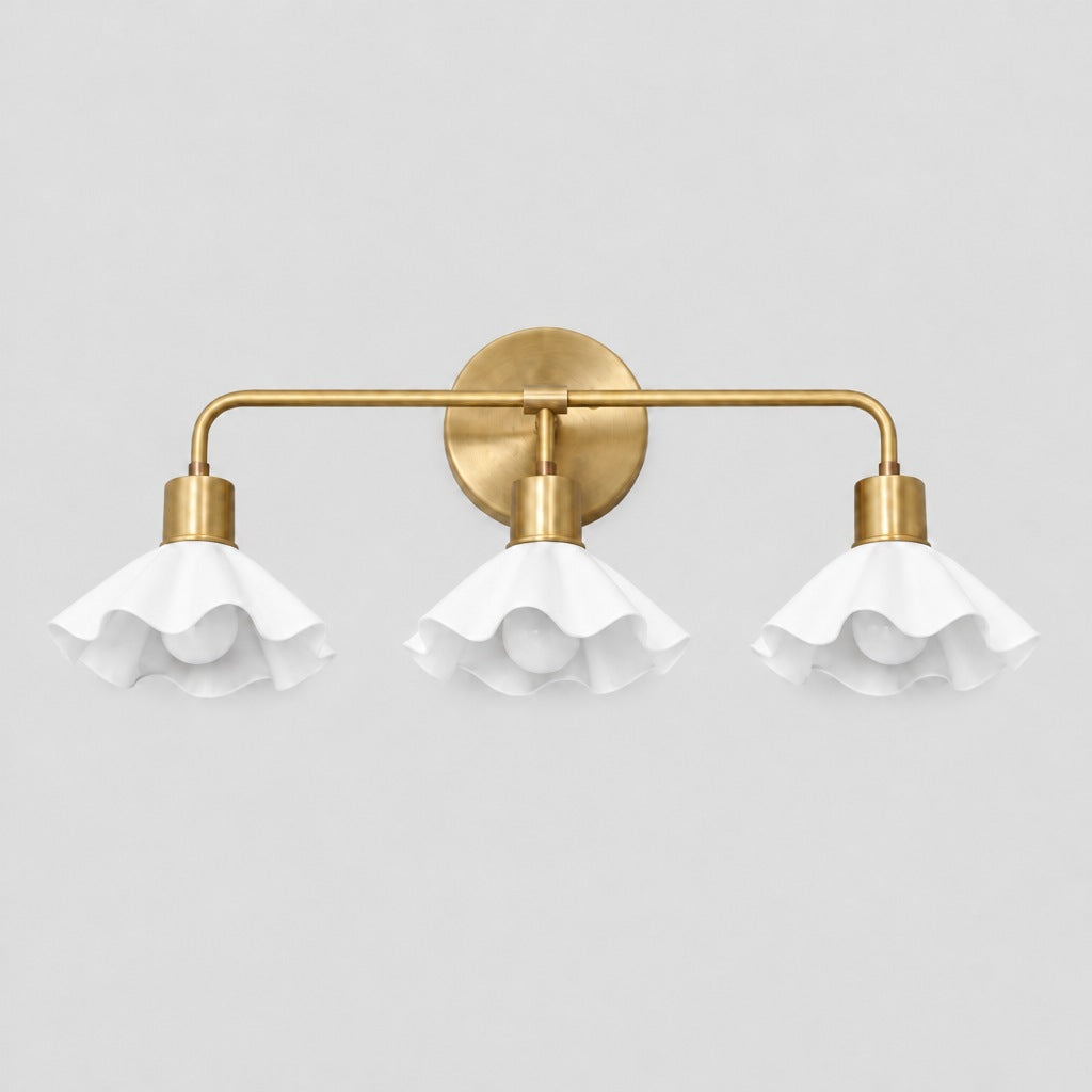 Triple Flower Wall Sconce, matt white shade, solid brass vanity light by BrassBeam