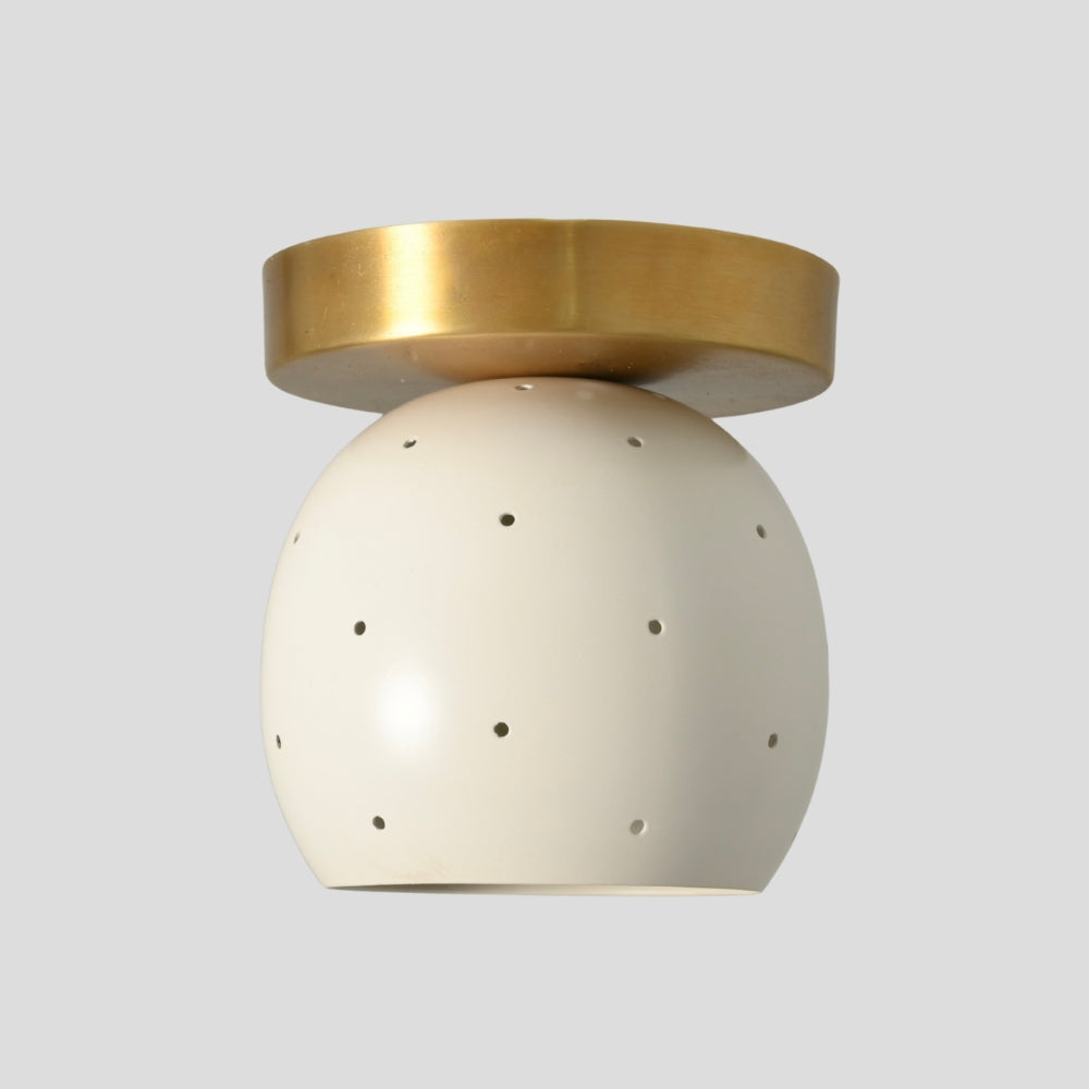 Modern mid-century flush mount white ball shade ceiling light with brass canopy