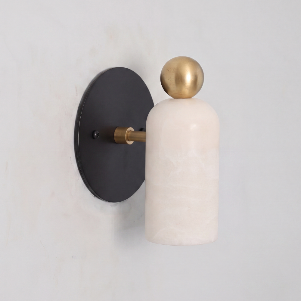 Brass & Matt Black Stub Arm Alabaster Wall Sconce - Minimalist Finial Marble Lamp