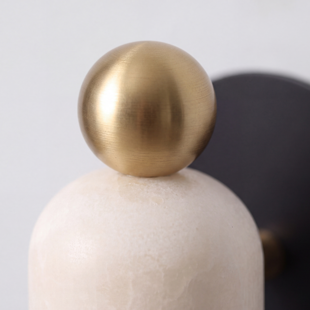 Brass & Matt Black Stub Arm Alabaster Wall Sconce - Minimalist Finial Marble Lamp