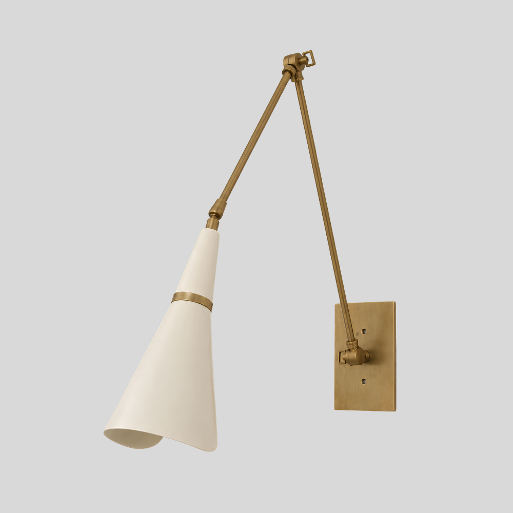 Mid Century Brass Swing Arm Wall Lamp - Adjustable Cream Cone Sconce