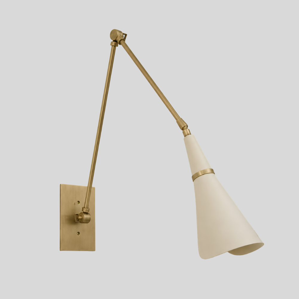 Mid Century Brass Swing Arm Wall Lamp - Adjustable Cream Cone Sconce