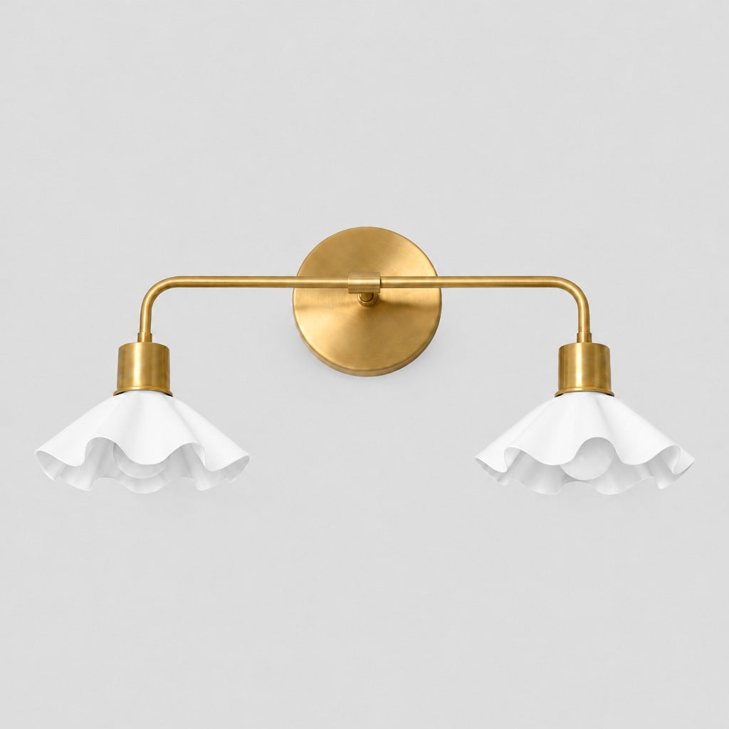 Double Ruffle Vanity Light, matt white shade, solid brass vanity light by BrassBeam