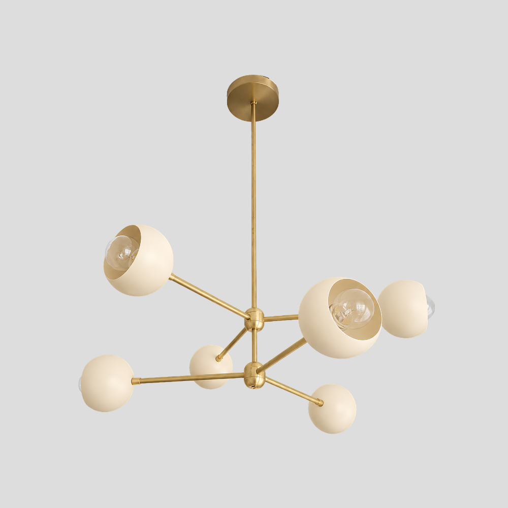 6 Light Brass Sputnik Chandelier - Cream Globe Shade Linear Ceiling Light