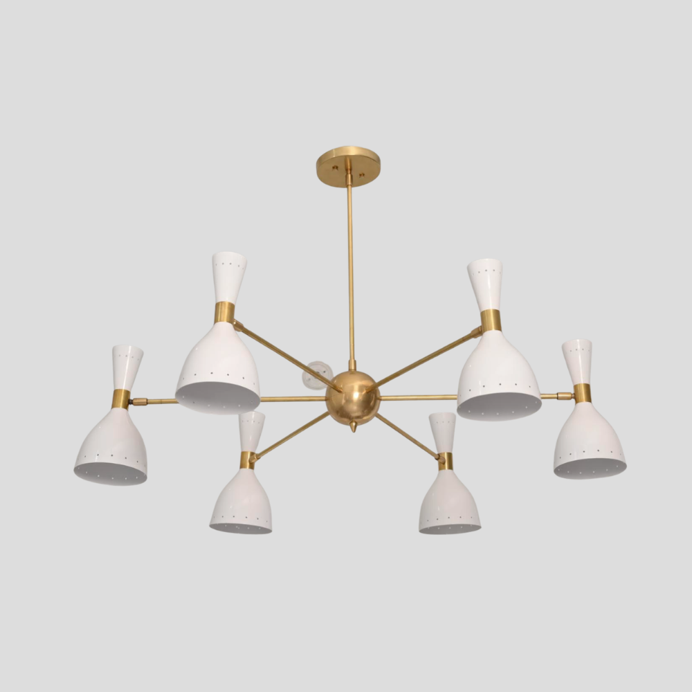6 Light Brass & White Diabolo Chandelier - Mid Century Modern Sputnik Ceiling Light
