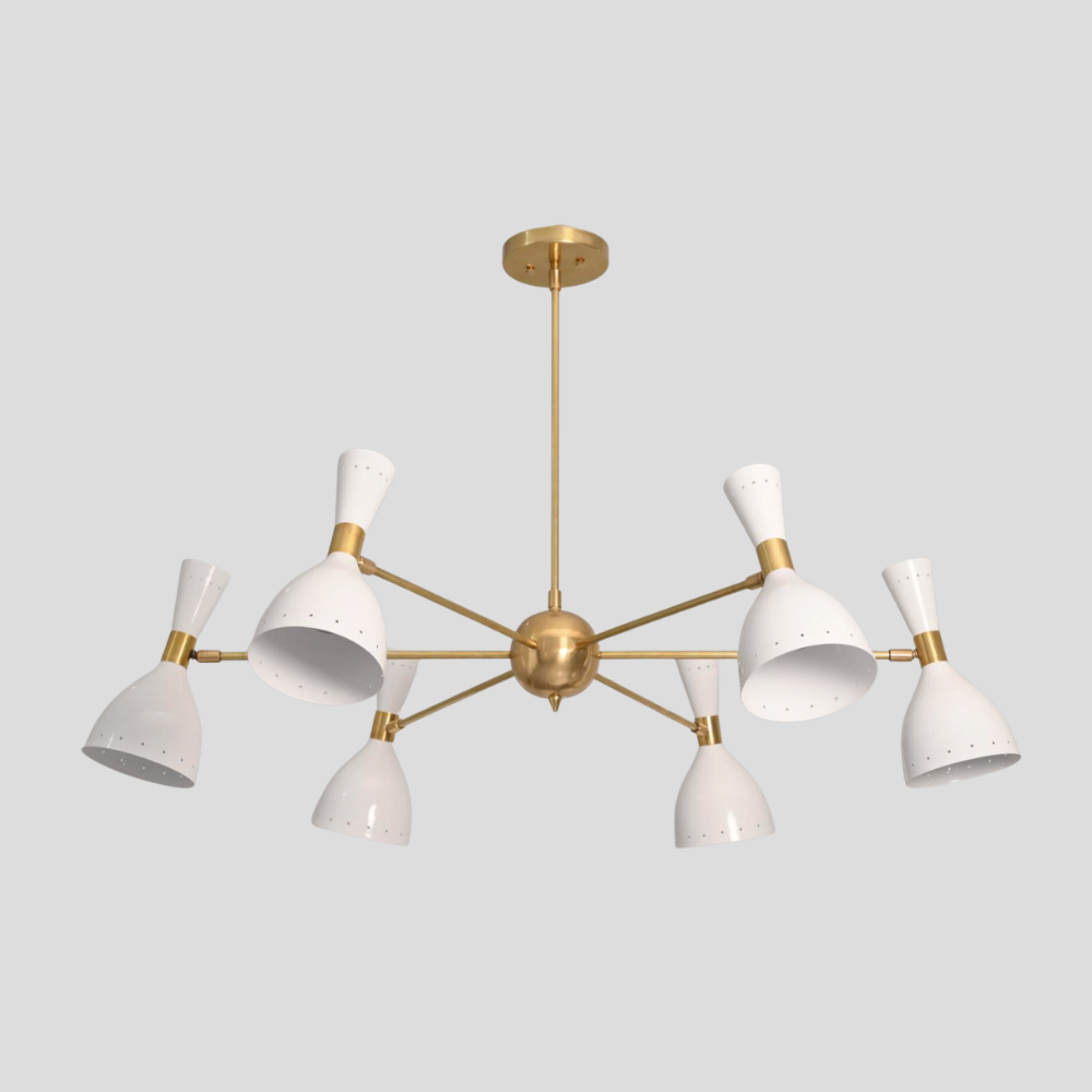 6 Light Brass & White Diabolo Chandelier - Mid Century Modern Sputnik Ceiling Light