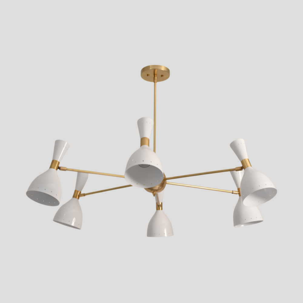 6 Light Brass & White Diabolo Chandelier - Mid Century Modern Sputnik Ceiling Light