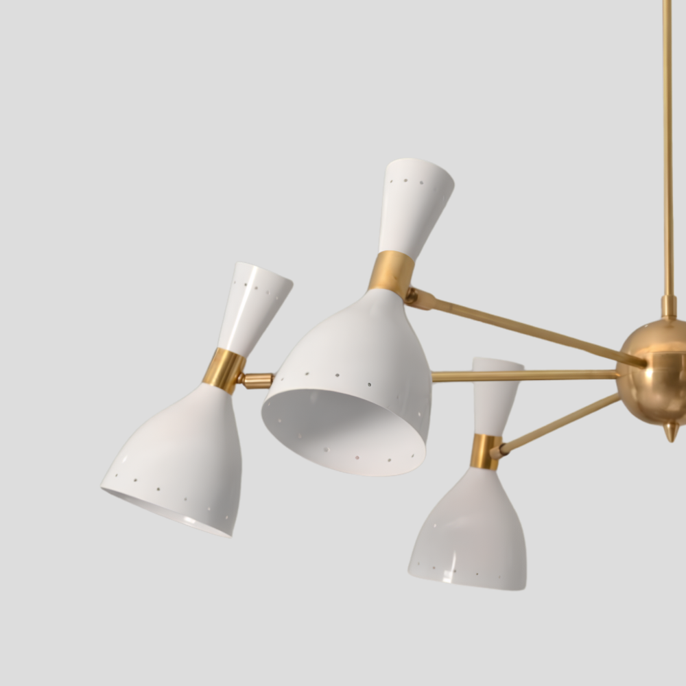 6 Light Brass & White Diabolo Chandelier - Mid Century Modern Sputnik Ceiling Light