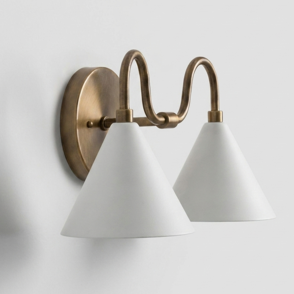 Double White Cone Vanity Light - Curved Brass Wall Sconce