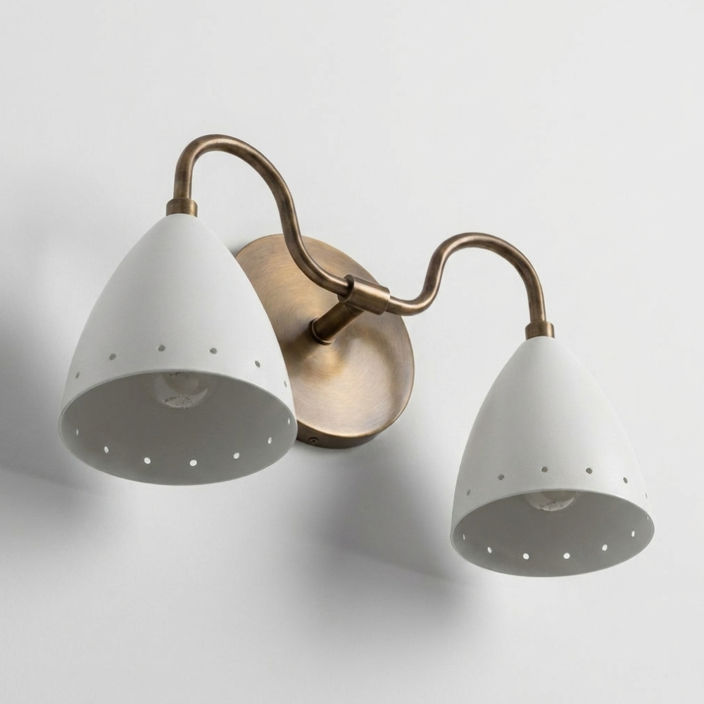 Perforated Double White Cone Wall Sconce - Curved Brass Vanity Light