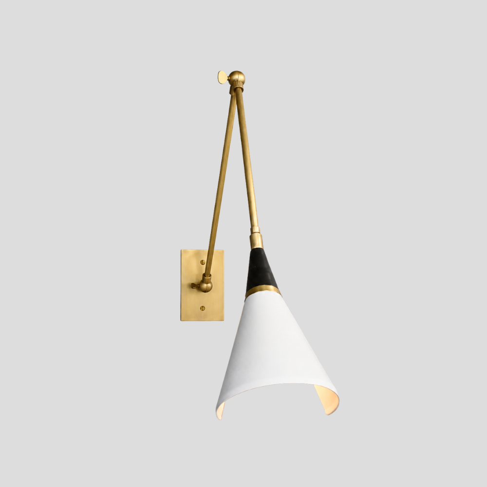 Long Arm Brass Wall Lamp - Adjustable Brass & White Cone Sconce