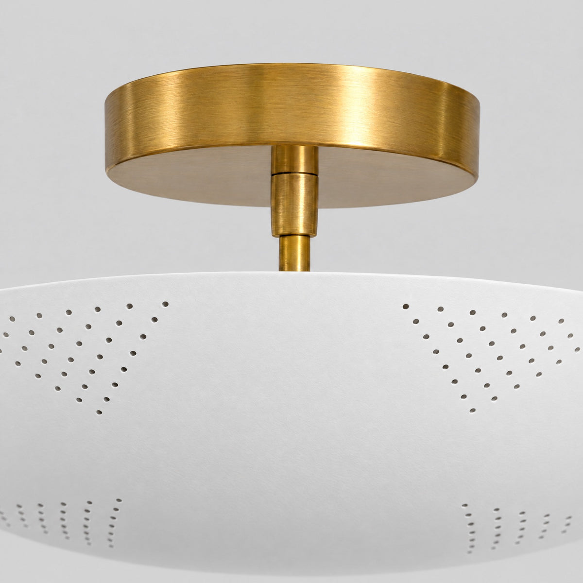 Perforated Dome Semi Flush Mount, close-up of the solid brass details and finish, solid brass semi flush mount by BrassBeam