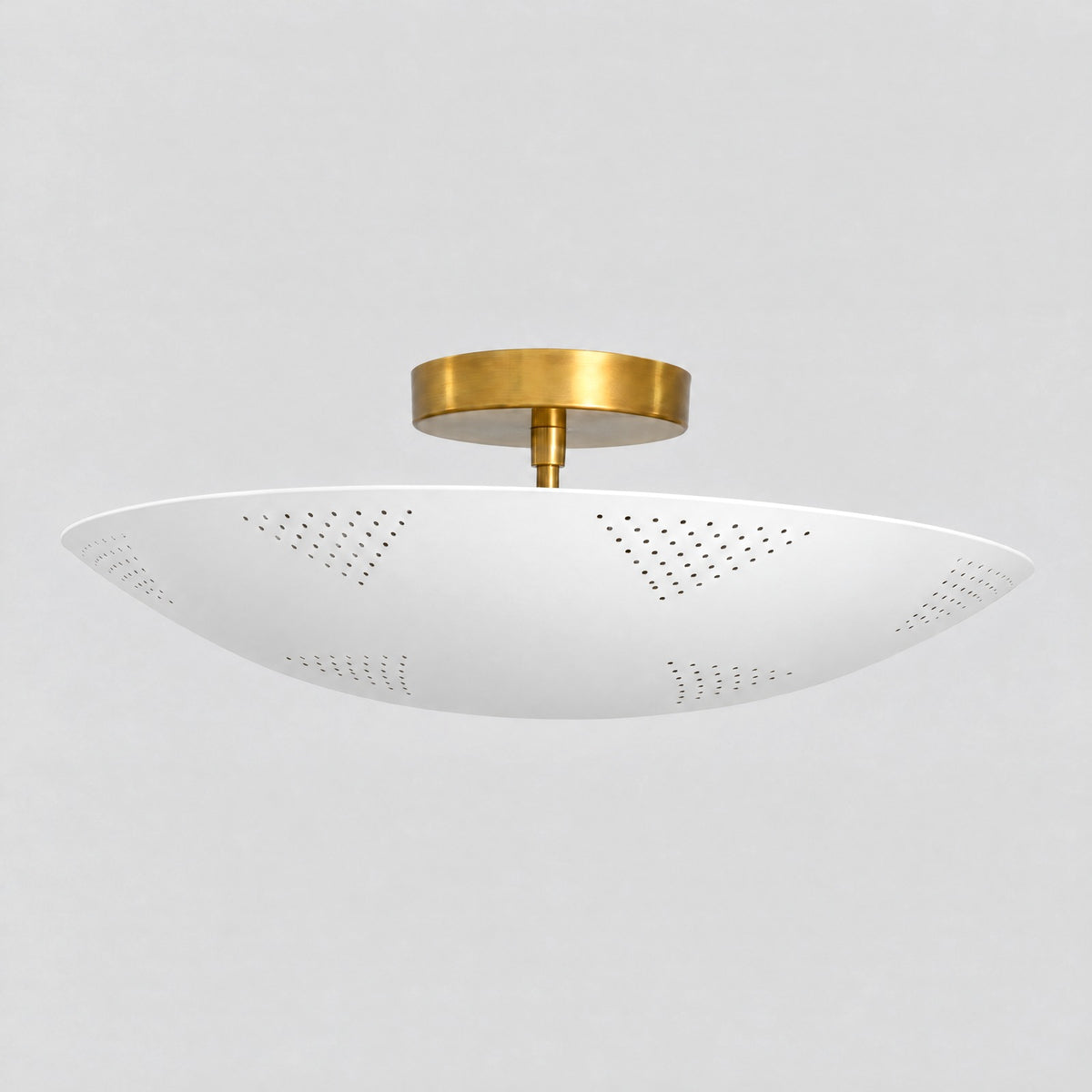 Perforated Dome Semi Flush Mount, three-quarter view from the right, solid brass semi flush mount by BrassBeam
