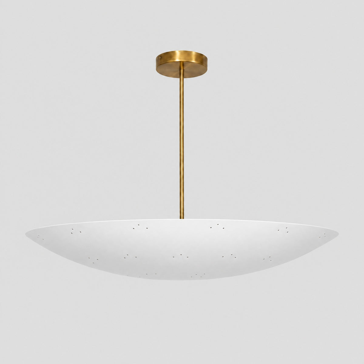 Large Perforated Dome Pendant, matt white shade, solid brass dome chandelier by BrassBeam