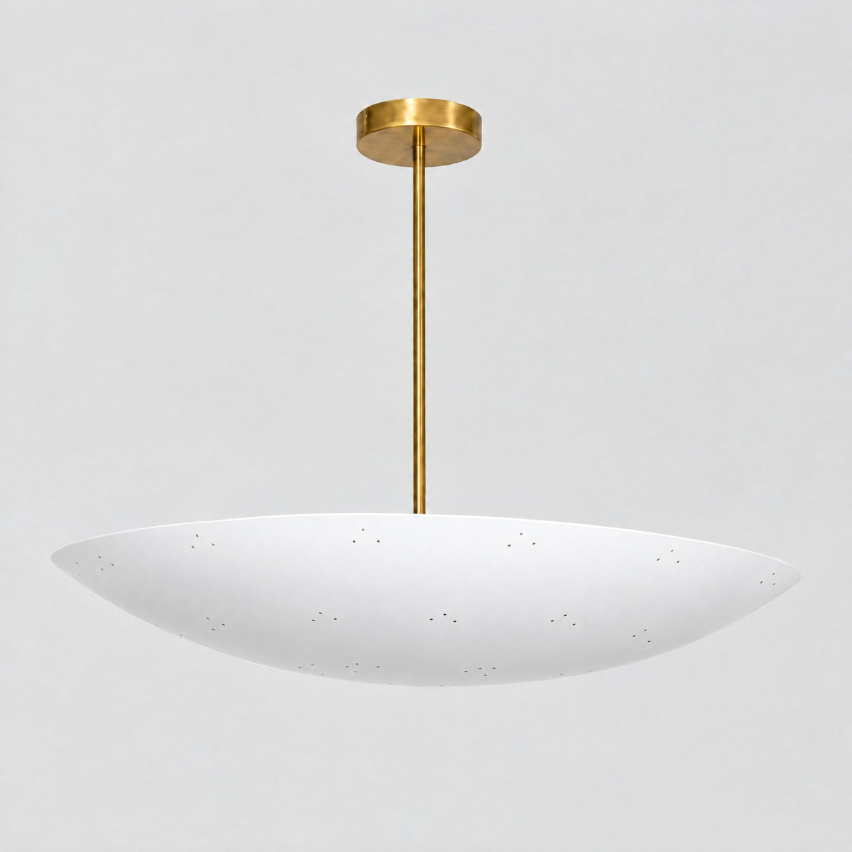 Large Perforated Dome Pendant, three-quarter view from the left, solid brass dome chandelier by BrassBeam