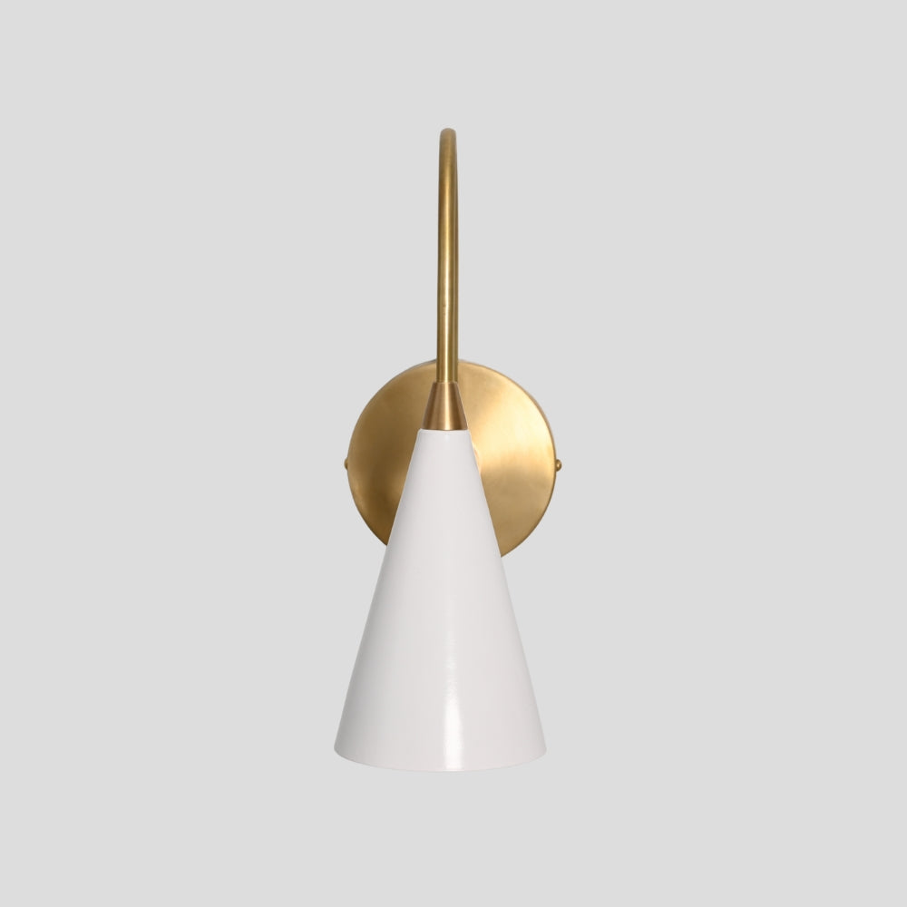 Mid century inspired white cone wall lamp with curved brass arm