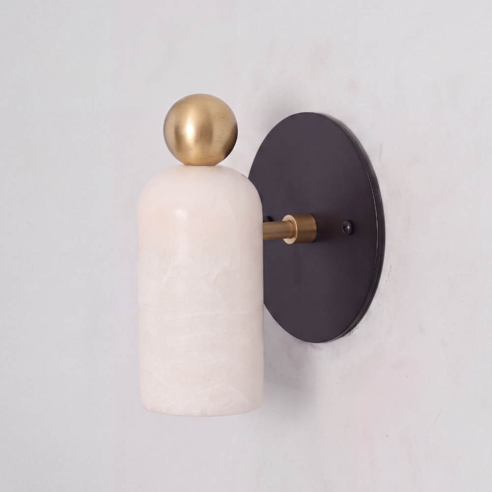 Brass & Matt Black Stub Arm Alabaster Wall Sconce - Minimalist Finial Marble Lamp