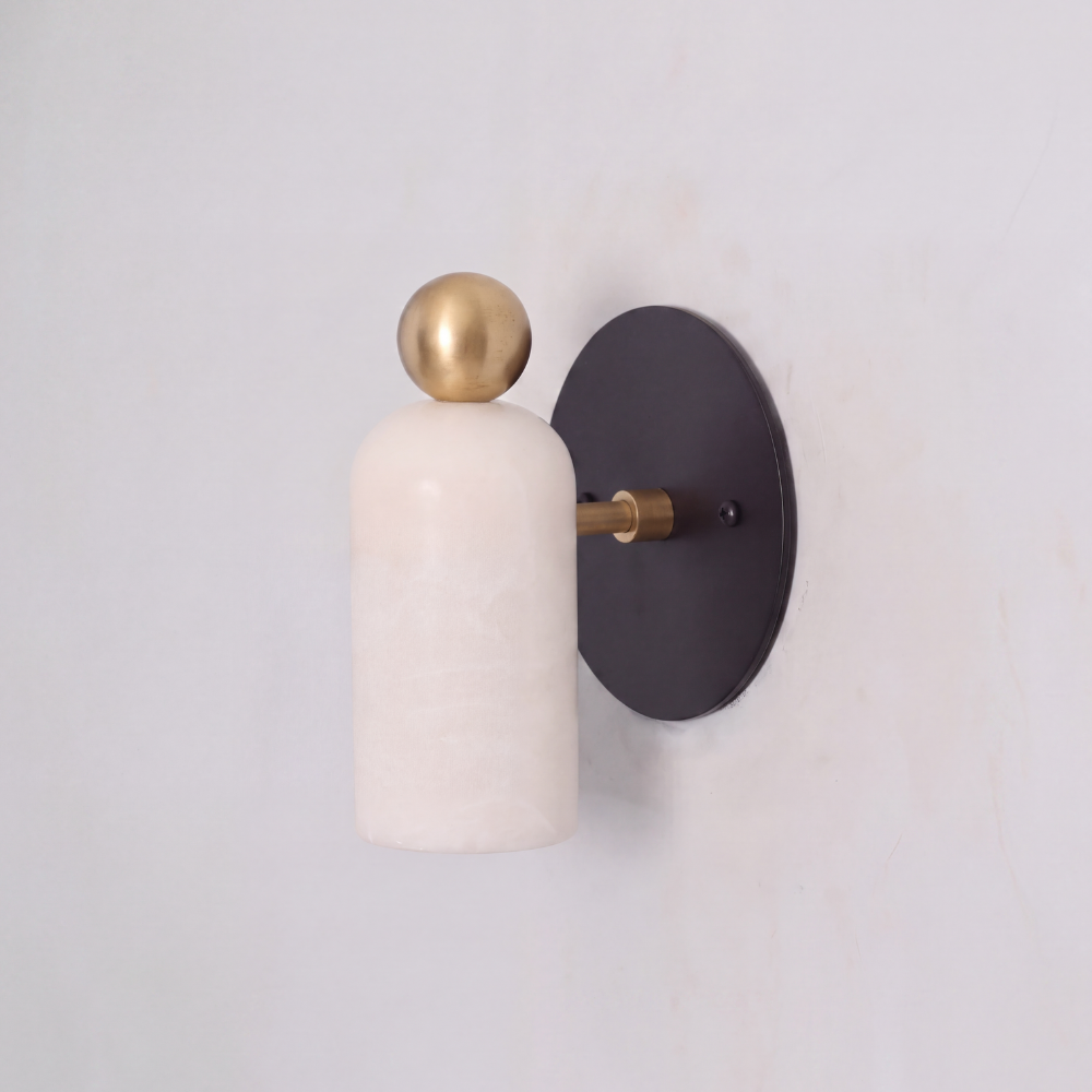 Brass & Matt Black Stub Arm Alabaster Wall Sconce - Minimalist Finial Marble Lamp