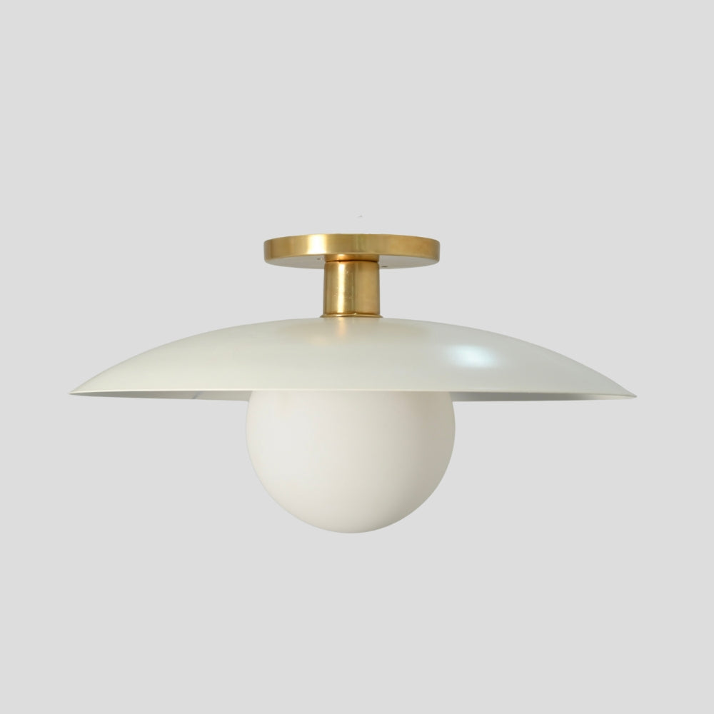 Flush mount ceiling light featuring a smooth, spherical glass globe with a matte white finish, designed for a clean and minimalist look.
