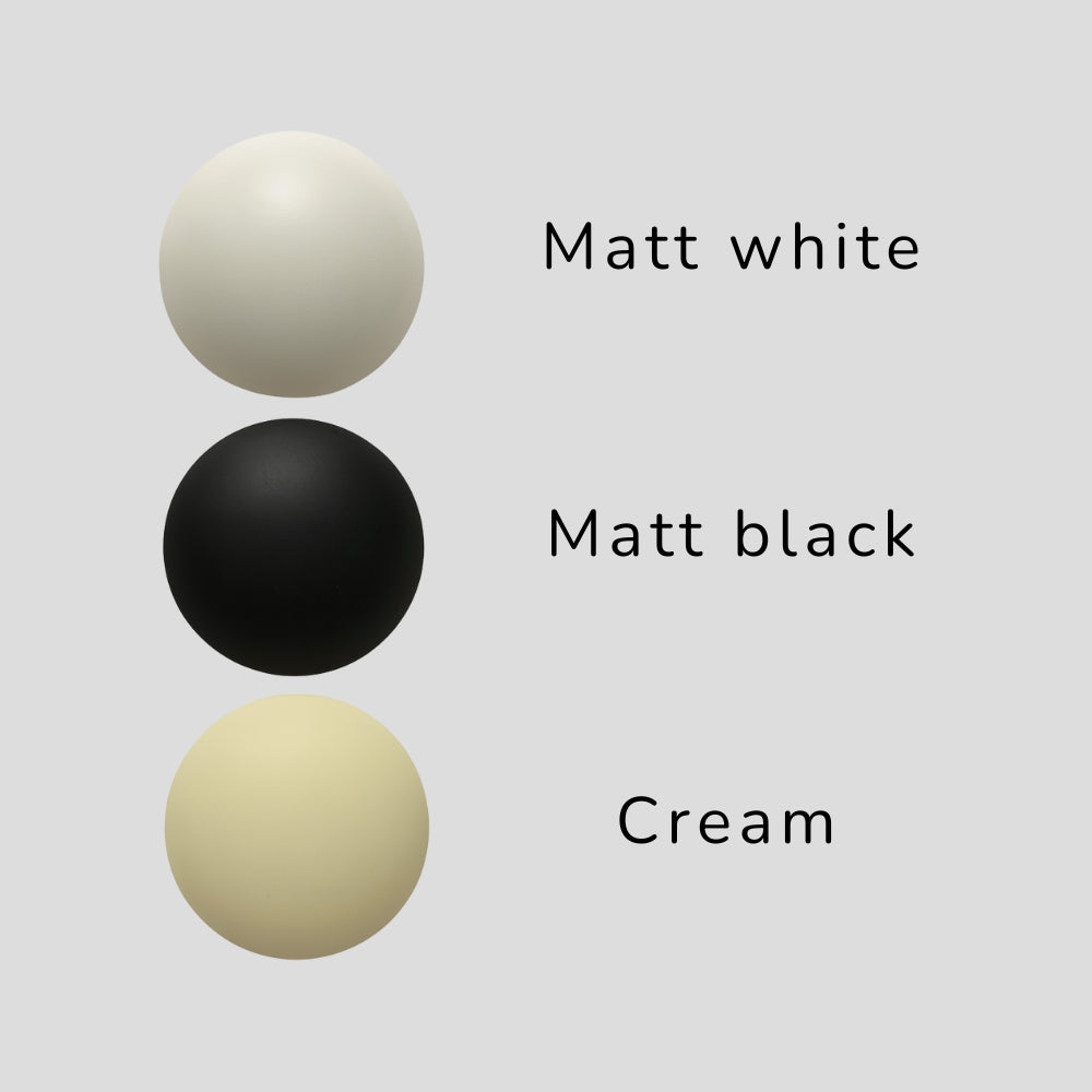 BrassBeam color finishes, Matt White, Matt Black, and Cream options for wall sconces and ceiling lights