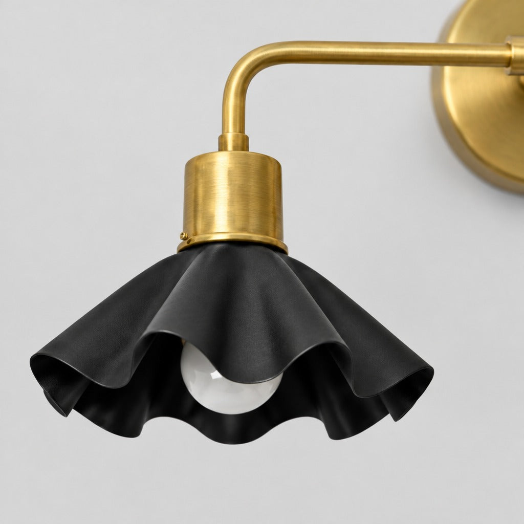 Double Ruffle Vanity Light close-up of the solid brass details and finish, BrassBeam