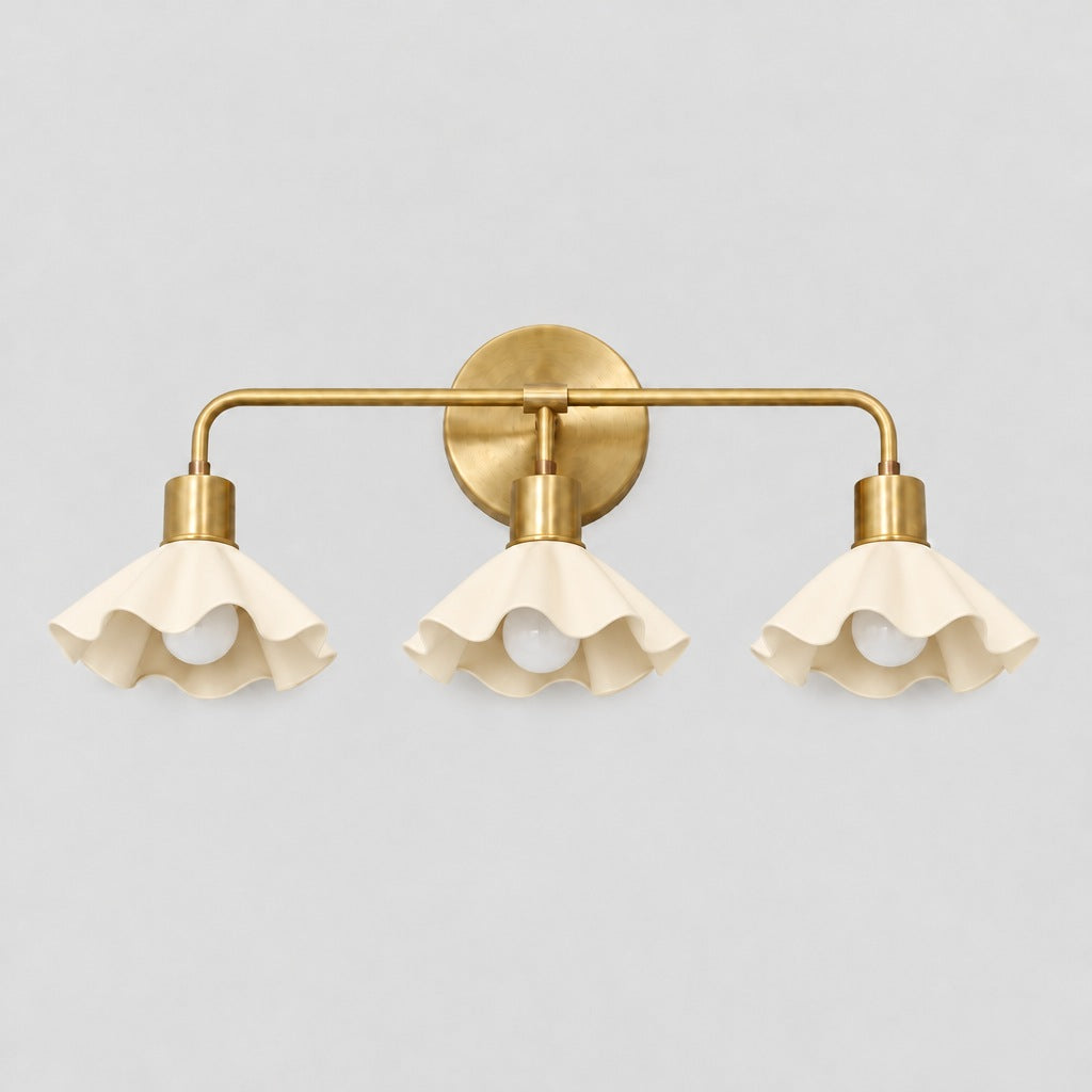 Triple Flower Wall Sconce, cream shade, solid brass vanity light by BrassBeam