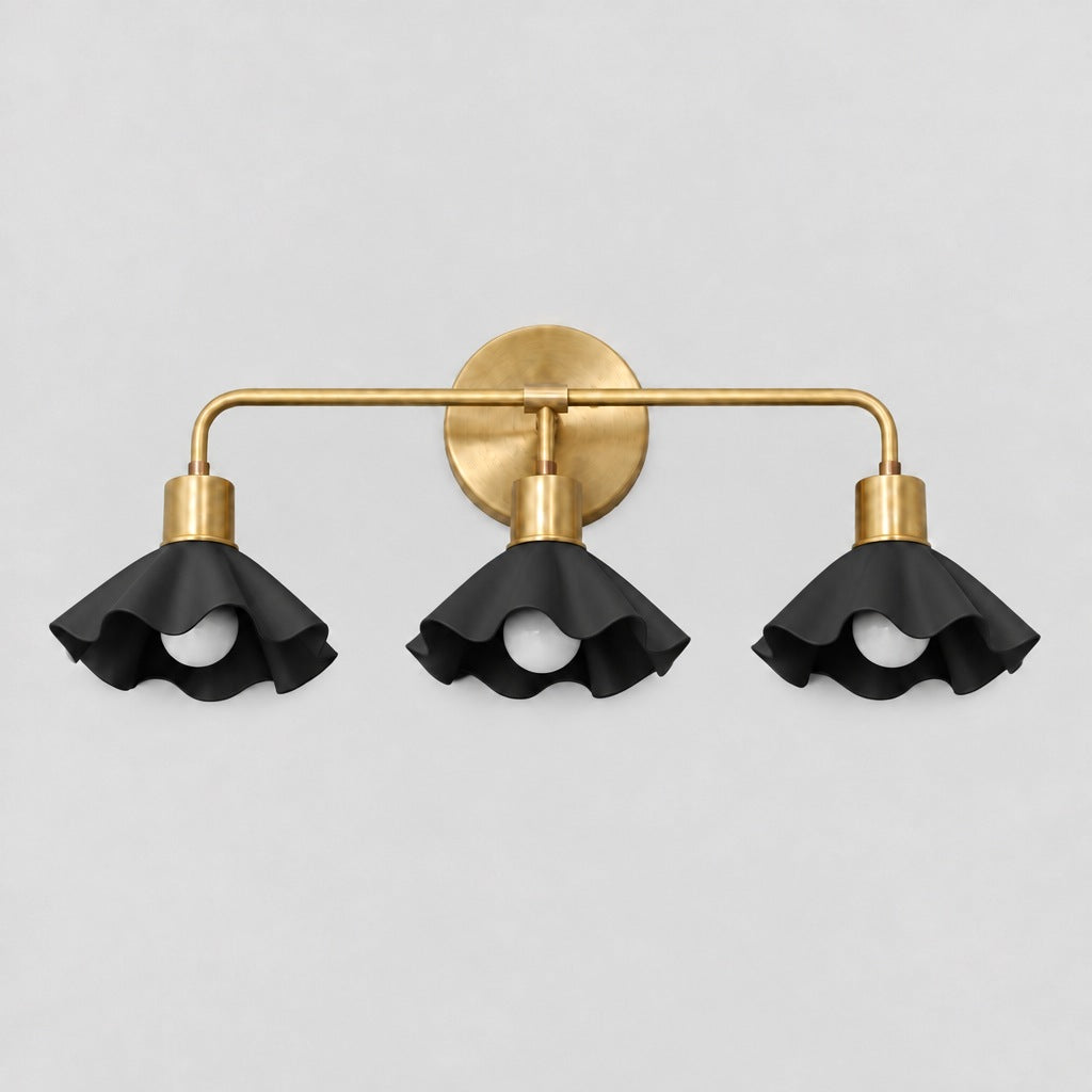 Triple Flower Wall Sconce, matt black shade, solid brass vanity light by BrassBeam