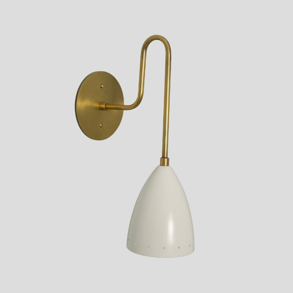 Mid-century brass wall lamp with elongated curved arm and matte white tapered dome shade