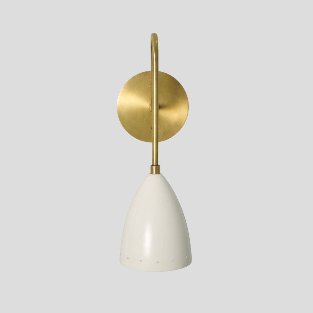 Modern tapered dome wall light in raw brass finish for hallway or bedside lighting