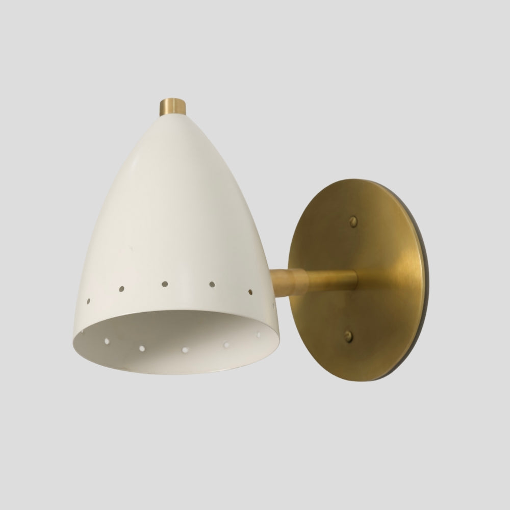 Modern brass sconce with tapered dome shade in matte white finish