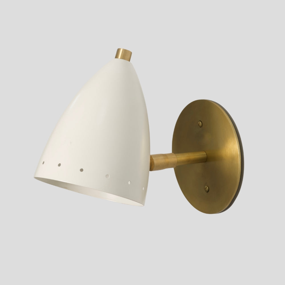 Small brass wall sconce with white bullet shade, mid-century modern wall light for hallway or bedside lighting
