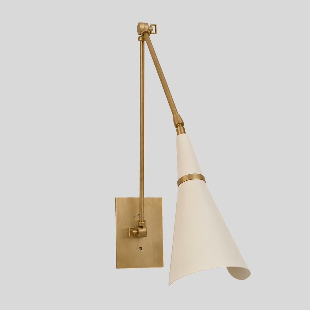 Mid Century Brass Swing Arm Wall Lamp - Adjustable Cream Cone Sconce