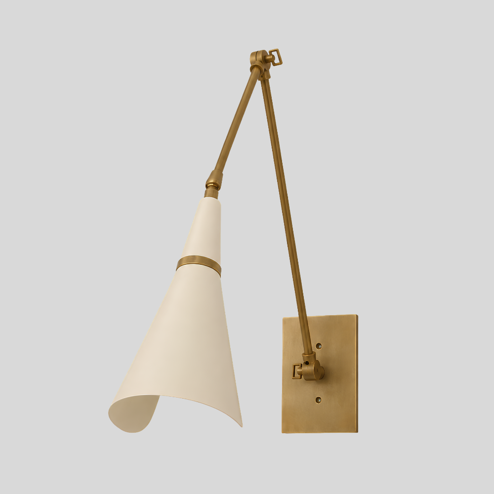 Mid Century Brass Swing Arm Wall Lamp - Adjustable Cream Cone Sconce
