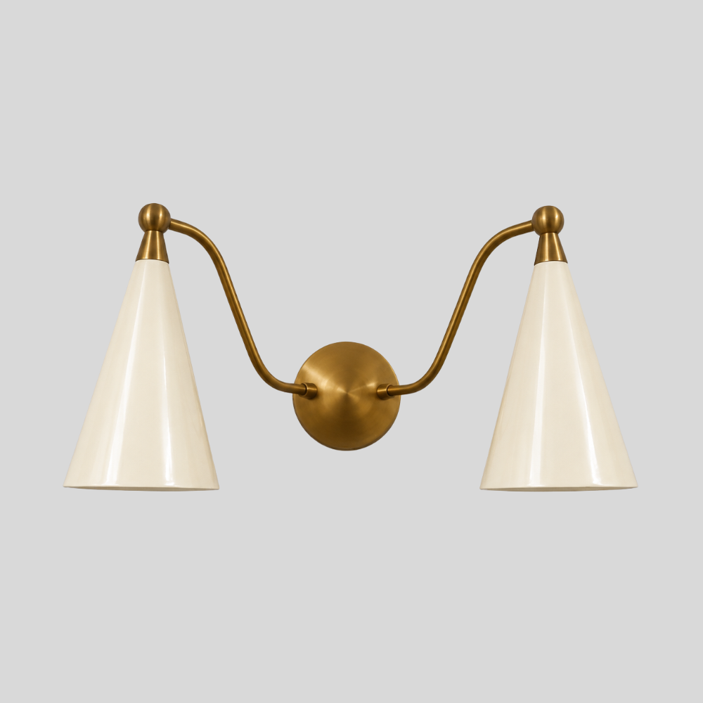 Dual Cream Cone Vanity Light - Mid Century Brass Wall Sconce