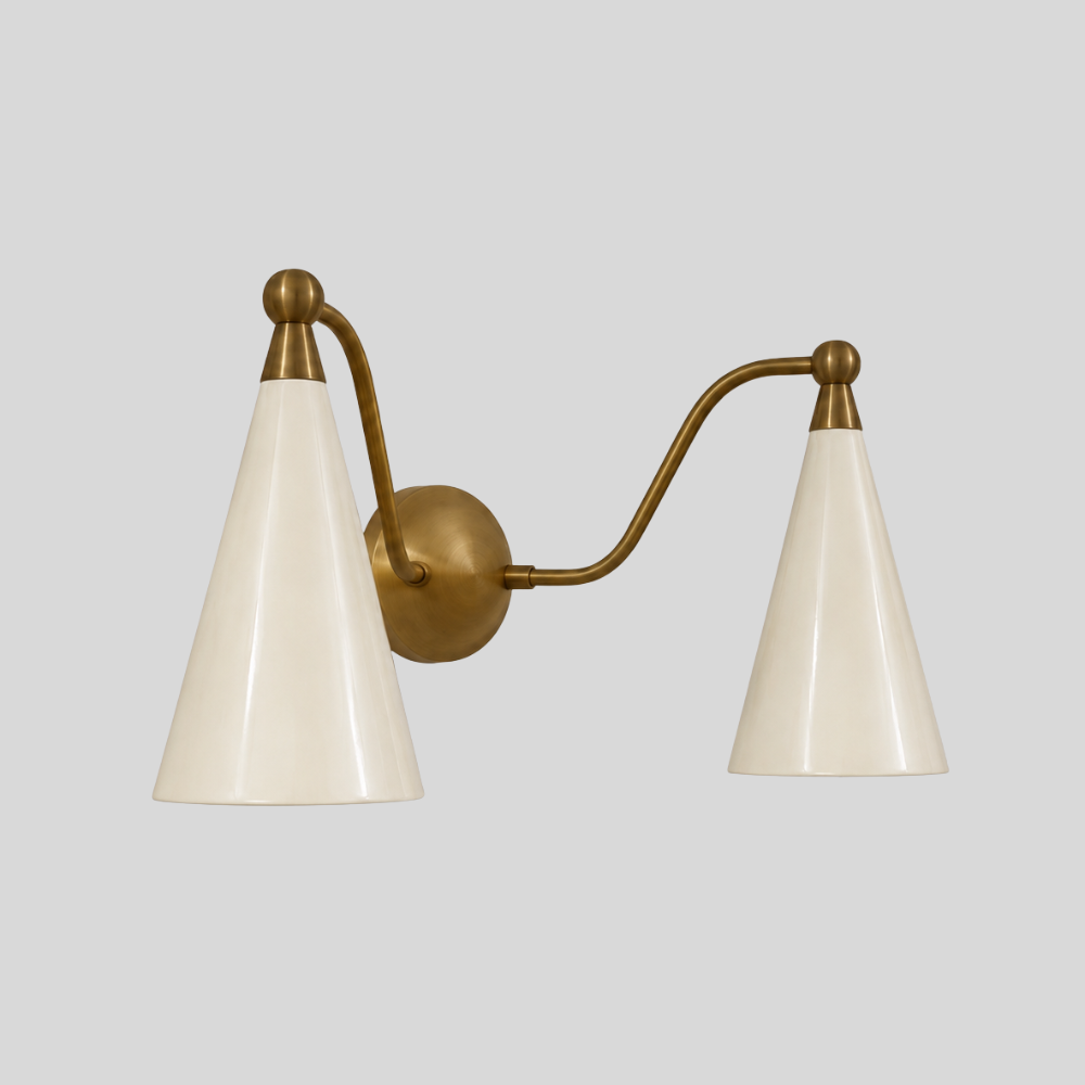 Dual Cream Cone Vanity Light - Mid Century Brass Wall Sconce