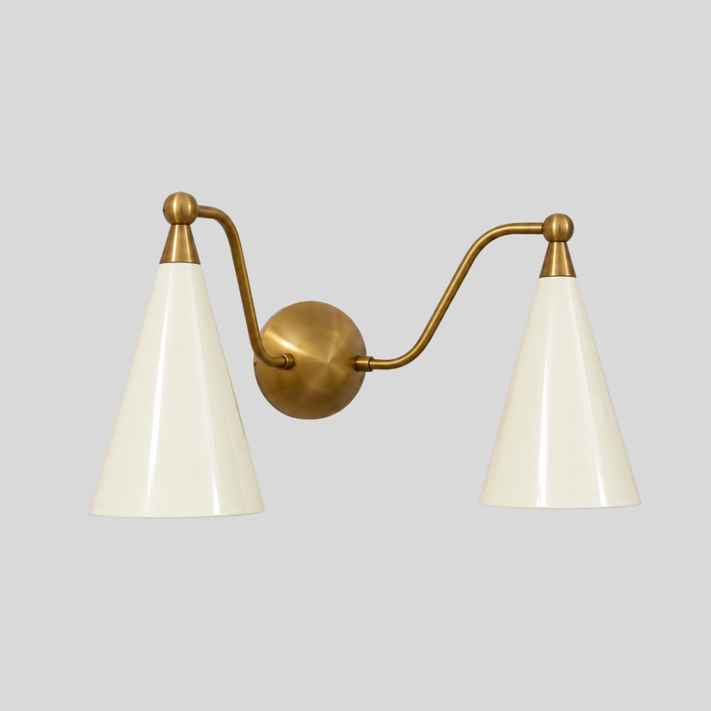 Dual Cream Cone Vanity Light - Mid Century Brass Wall Sconce