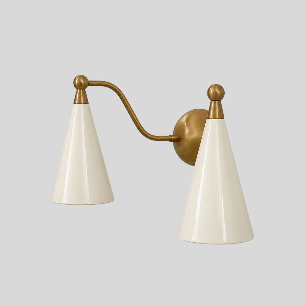 Dual Cream Cone Vanity Light - Mid Century Brass Wall Sconce