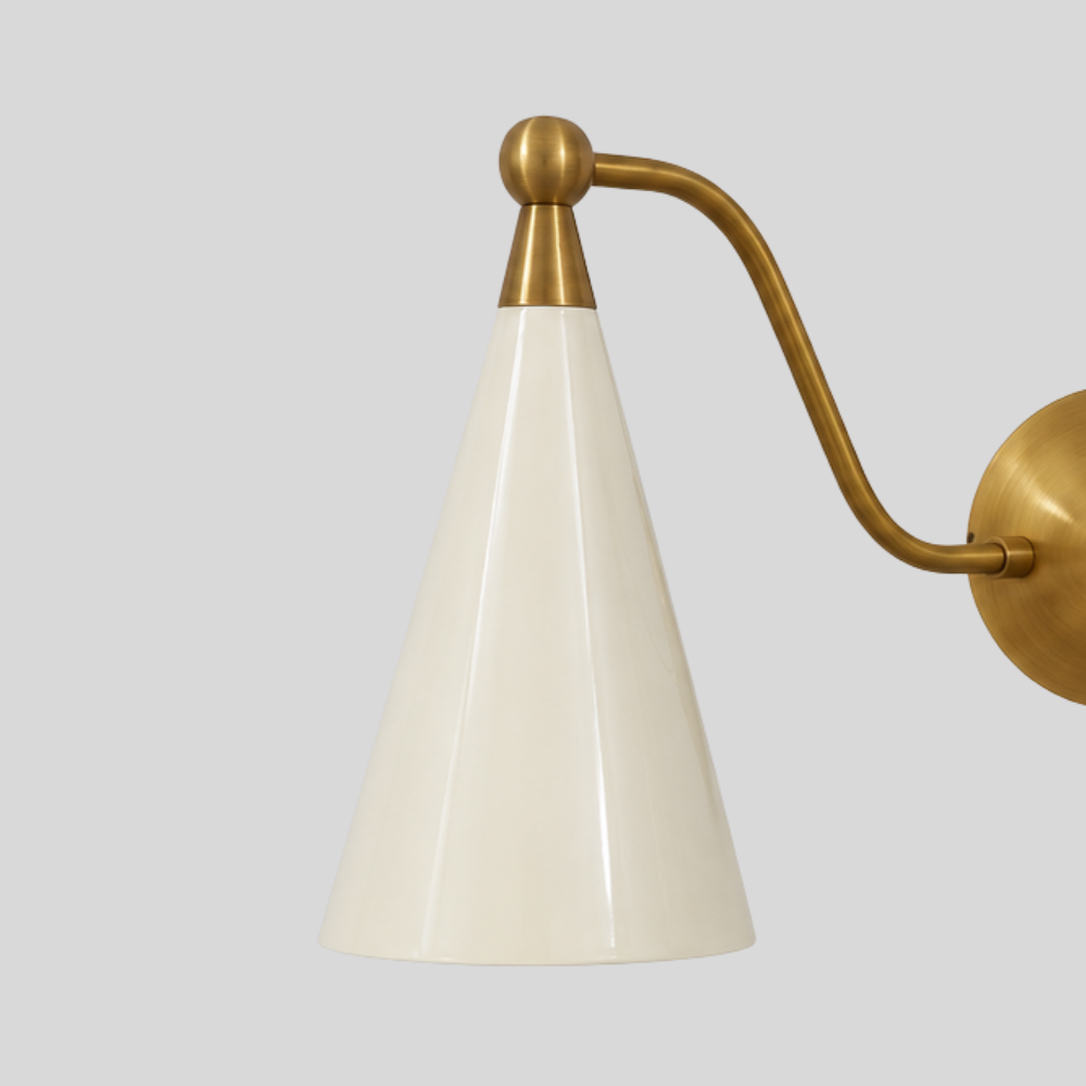 Dual Cream Cone Vanity Light - Mid Century Brass Wall Sconce