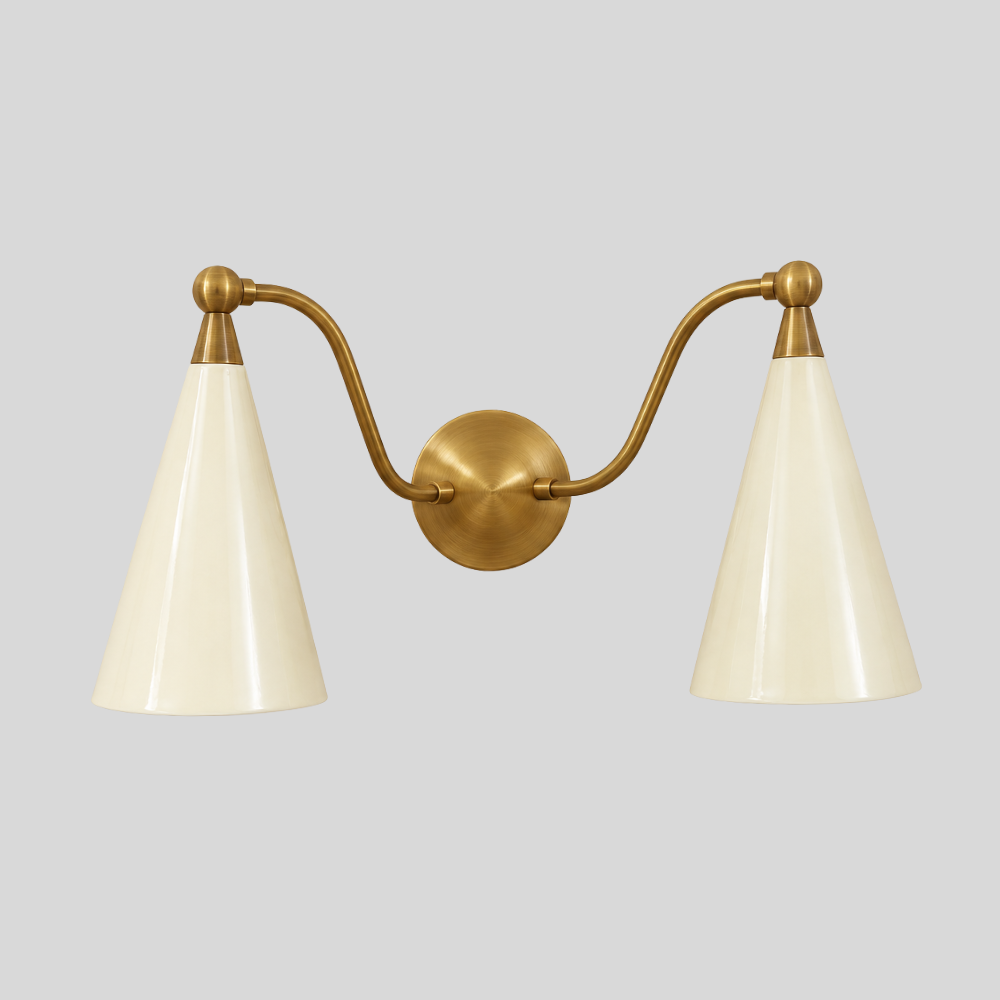 Dual Cream Cone Vanity Light - Mid Century Brass Wall Sconce