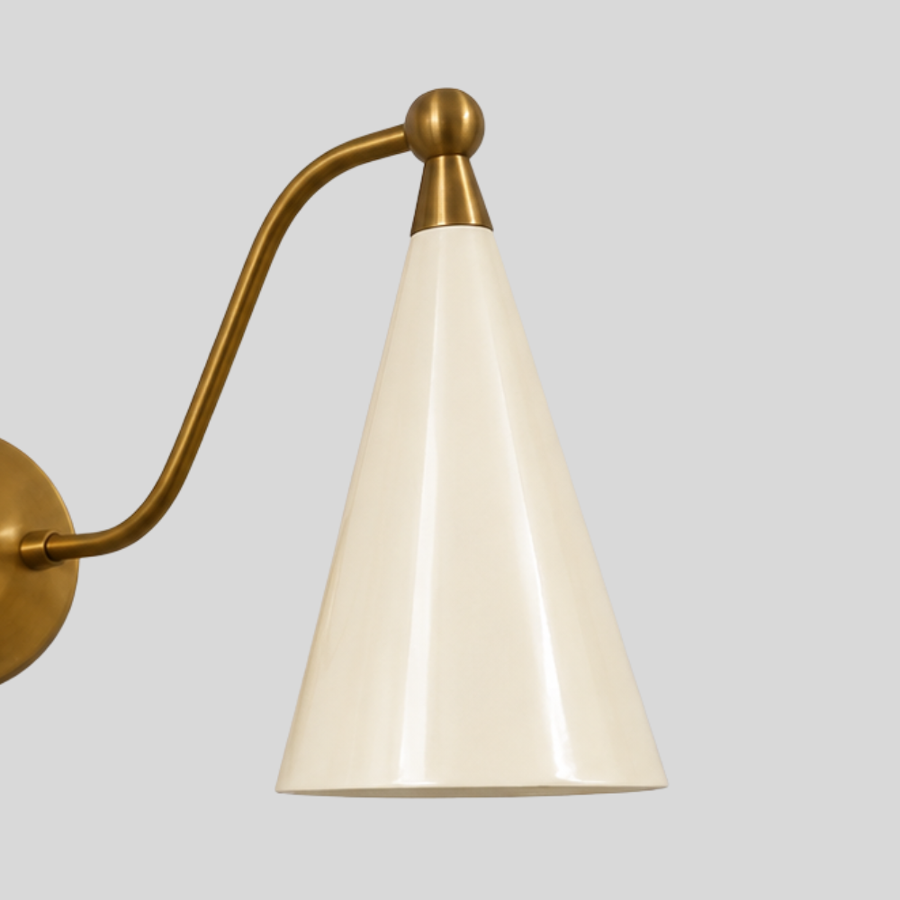 Dual Cream Cone Vanity Light - Mid Century Brass Wall Sconce