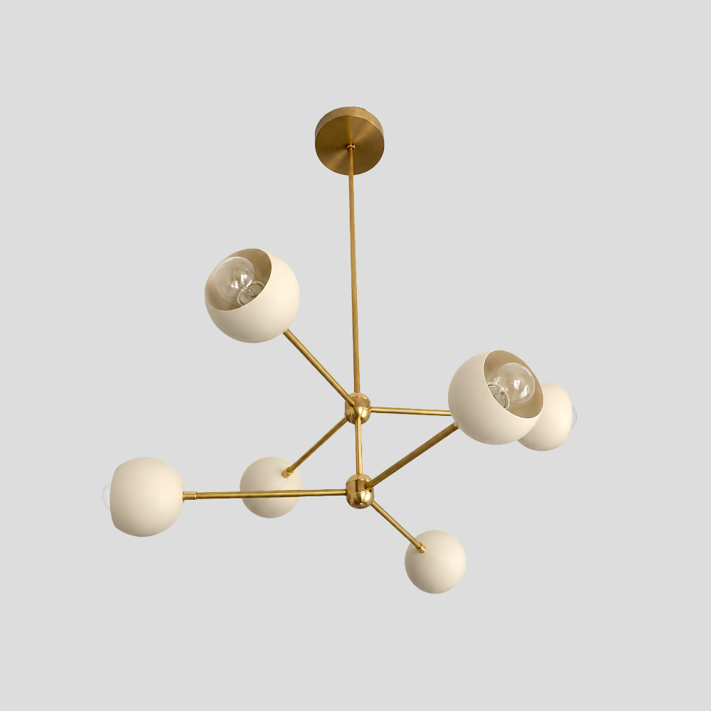 6 Light Brass Sputnik Chandelier - Cream Globe Shade Linear Ceiling Light