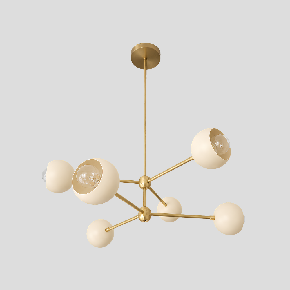 6 Light Brass Sputnik Chandelier - Cream Globe Shade Linear Ceiling Light