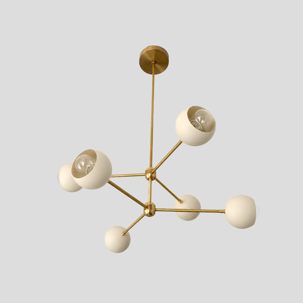 6 Light Brass Sputnik Chandelier - Cream Globe Shade Linear Ceiling Light