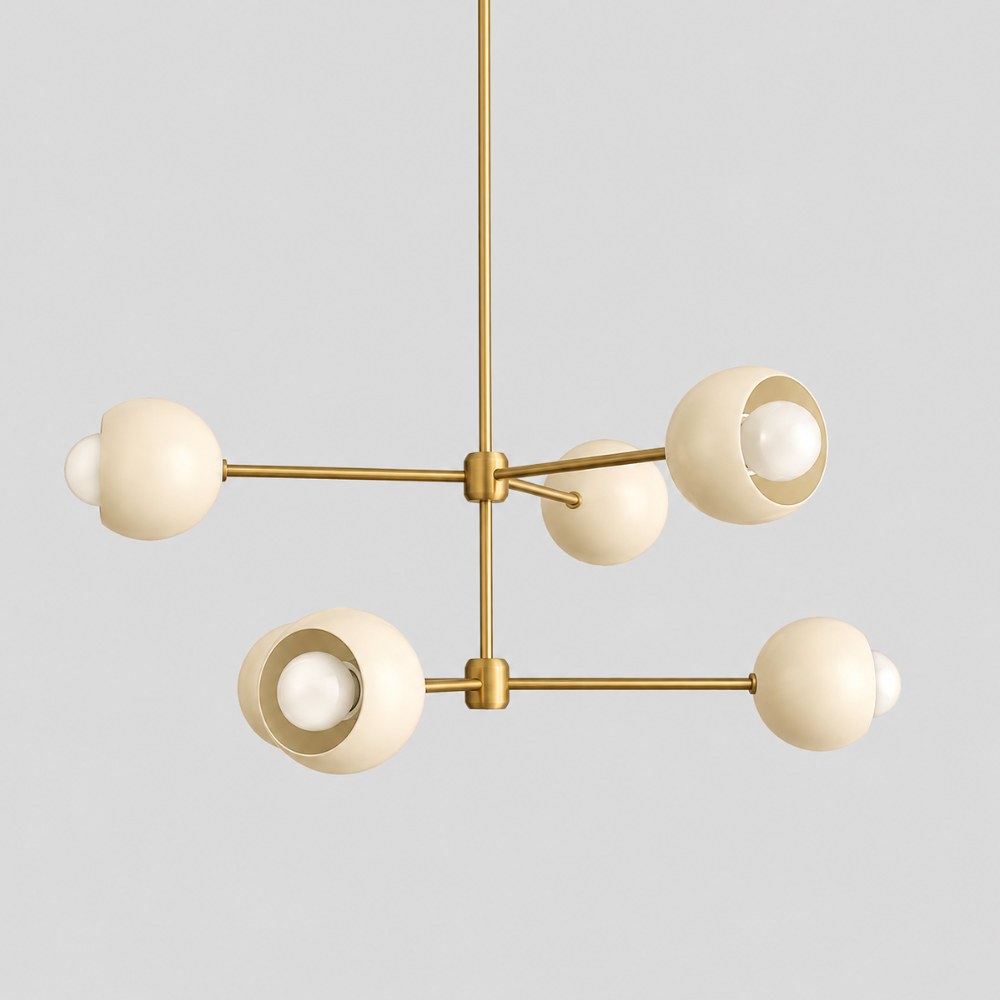 6 Light Brass Sputnik Chandelier - Cream Globe Shade Linear Ceiling Light