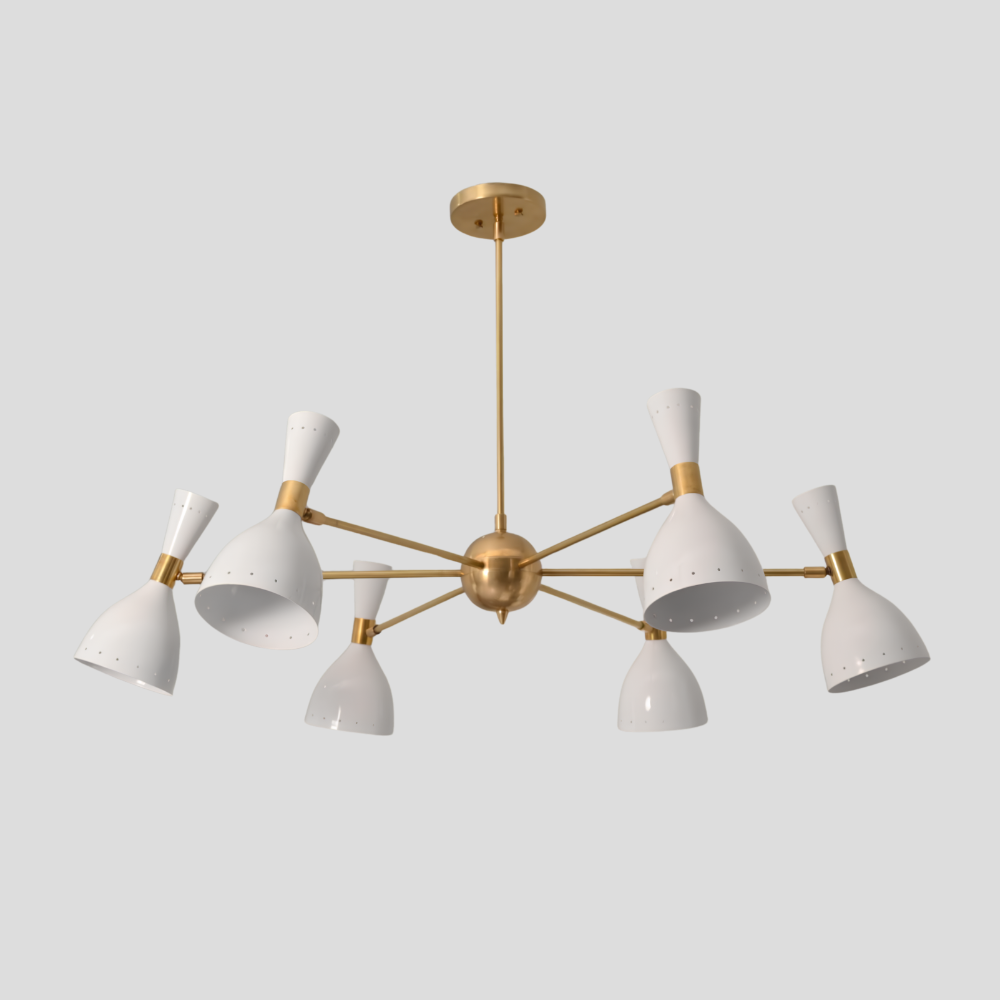 6 Light Brass & White Diabolo Chandelier - Mid Century Modern Sputnik Ceiling Light