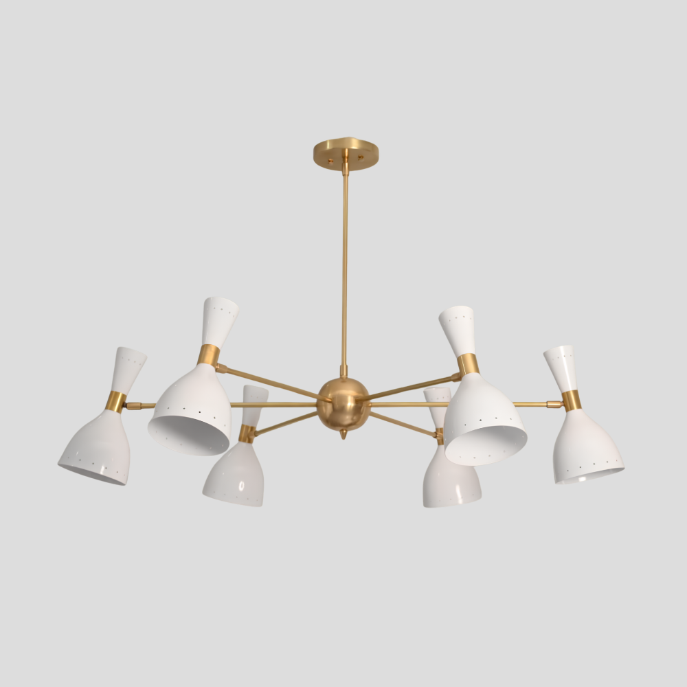 6 Light Brass & White Diabolo Chandelier - Mid Century Modern Sputnik Ceiling Light