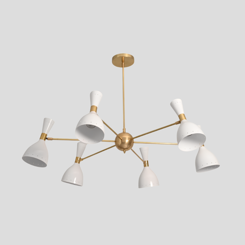6 Light Brass & White Diabolo Chandelier - Mid Century Modern Sputnik Ceiling Light