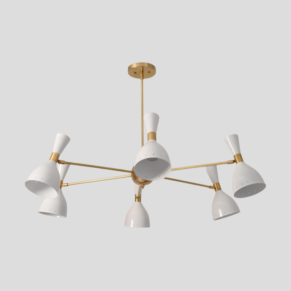 6 Light Brass & White Diabolo Chandelier - Mid Century Modern Sputnik Ceiling Light