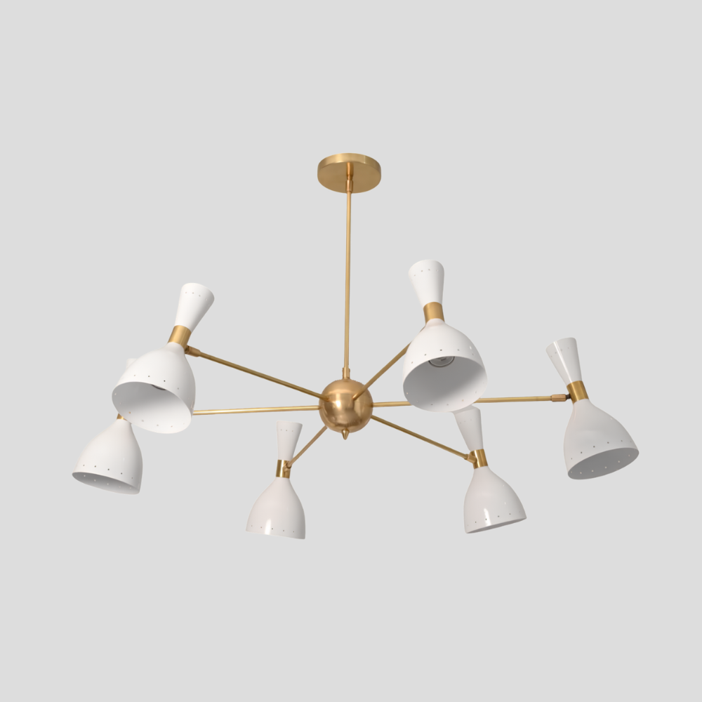 6 Light Brass & White Diabolo Chandelier - Mid Century Modern Sputnik Ceiling Light