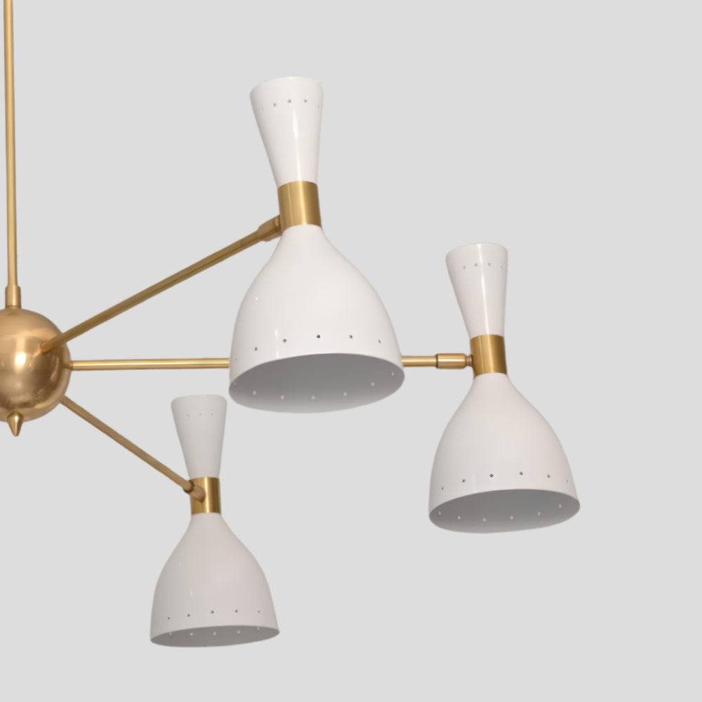 6 Light Brass & White Diabolo Chandelier - Mid Century Modern Sputnik Ceiling Light